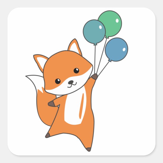 Fox Niedlicher Tiere Flies Balloons Children Quadratischer Aufkleber (Vorderseite)