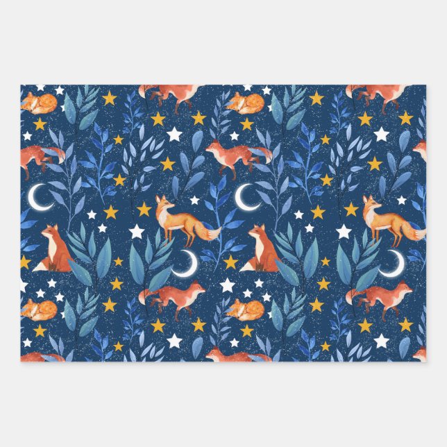 Fox Night Forest Celestial Seamless Pattern Geschenkpapier Set (Vorderseite)