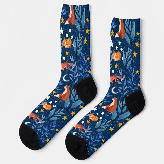 Fox Night Forest Celestial Seamless Pattern Socken (Linkes Detail)