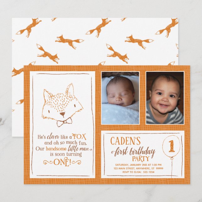 Fox Orange White 1er anniversaire Photo Invitation (Devant / Derrière)