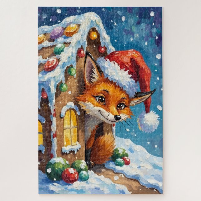 Fox Peeking from Gingerbread House Hat (Vertikal)