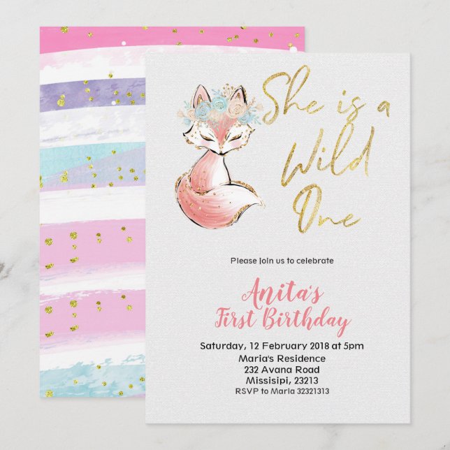 Fox She is a Wild One Birthday Einladung (Vorne/Hinten)