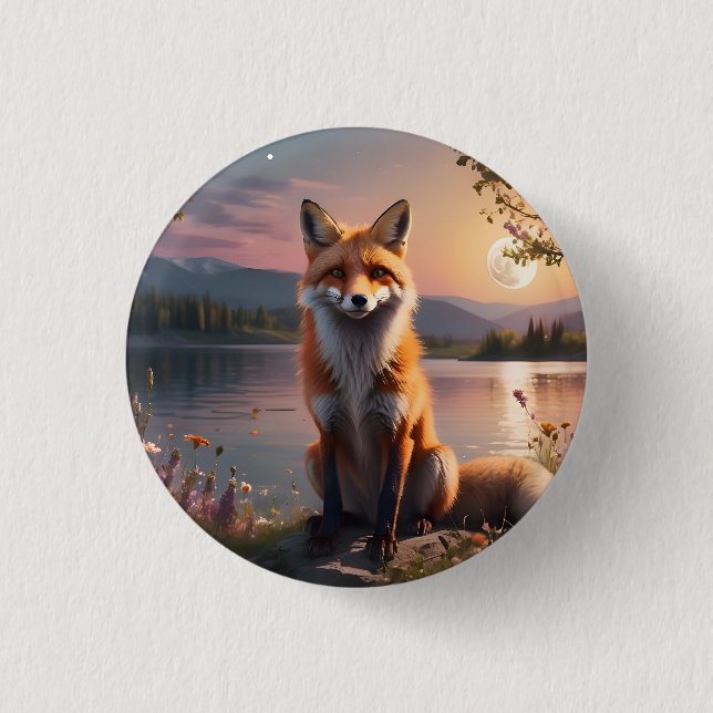 Fox sitzt am See im Sonnenuntergang. Button (Vorderseite)