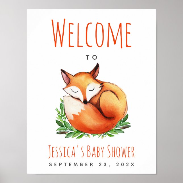 Fox Sleeping Woodland Baby shower Affiche de bienv (Devant)