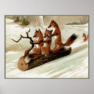 Fox Sleigh Ride Vintag Print Poster