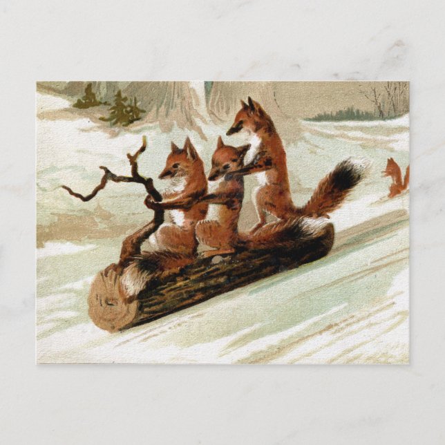 Fox Sleigh Ride Vintag Print Postkarte (Vorderseite)