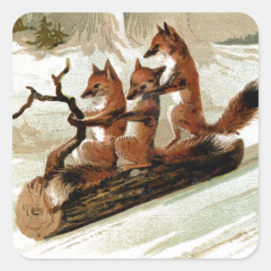 Fox Sleigh Ride Vintag Print Quadratischer Aufkleber