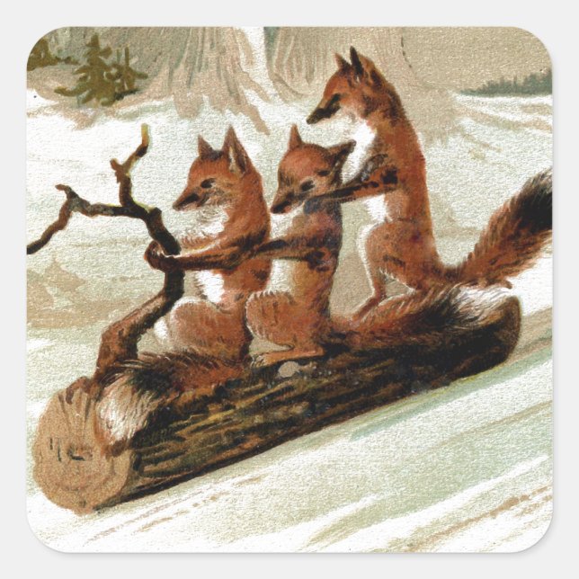 Fox Sleigh Ride Vintag Print Quadratischer Aufkleber (Vorderseite)