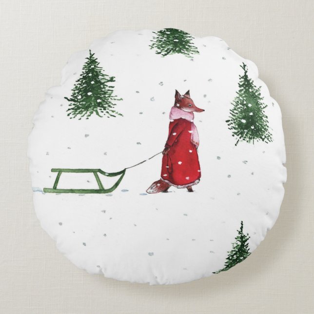 Fox stürzt durch die Schnee-Winter-Abbildung Rundes Kissen (Vorderseite)