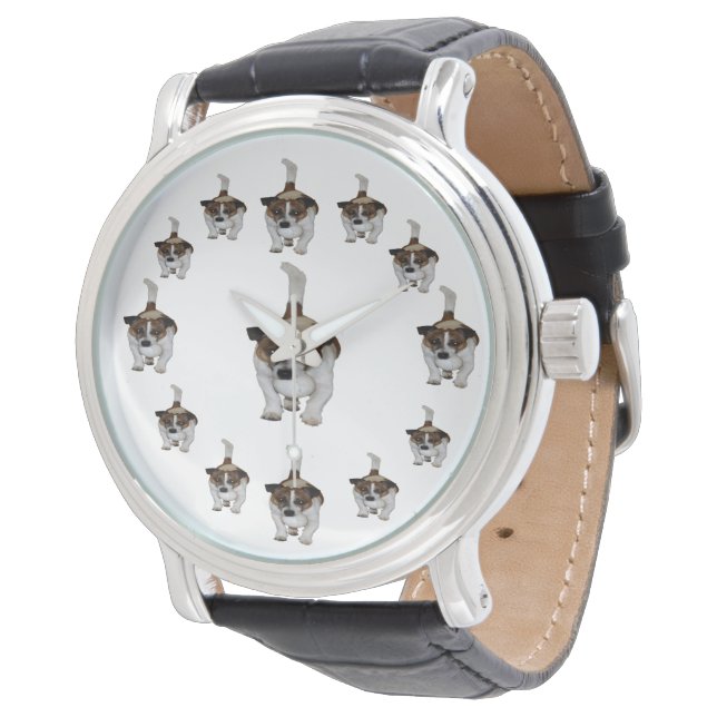 Fox Terrier Circular Pattern, Mens Leather Watch Armbanduhr (Schrägansicht)