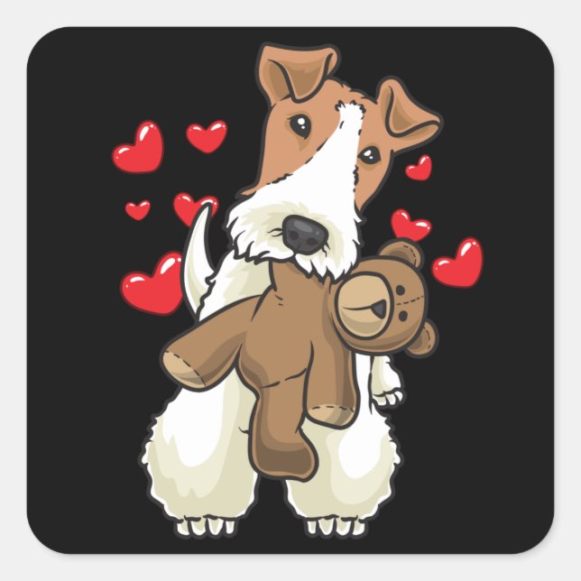 Fox Terrier Drahthaar Hund mit ausgestopfter Tier Quadratischer Aufkleber (Vorderseite)