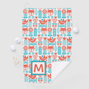 Fox- u. Vogel-Volkskunst-Muster des Monogramm- Golfhandtuch