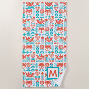 Fox- u. Vogel-Volkskunst-Muster des Monogramm-  Strandtuch