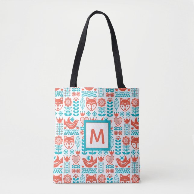 Fox- u. Vogel-Volkskunst-Muster des Monogramm-| Tasche (Vorderseite)