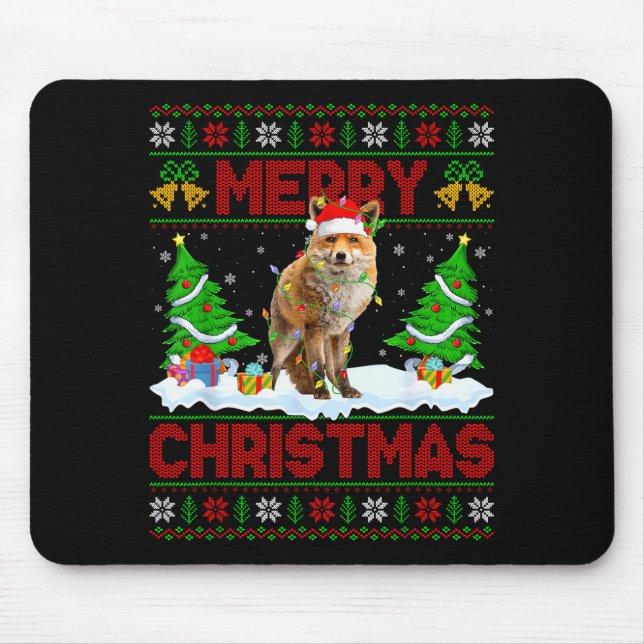 Fox Ugly Xmas Sweater Funny Fox Animal Merry Chris Mousepad (Vorne)