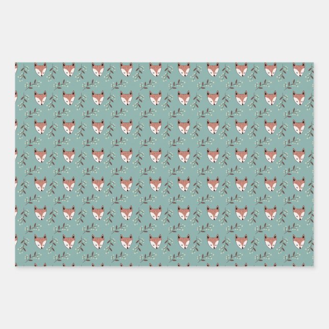 Fox und Beeren in aquamarinen Geschenkpapier Set (Vorderseite)
