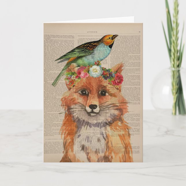 Fox- und Bird-Vintage Buchseite Karte (Vorderseite)