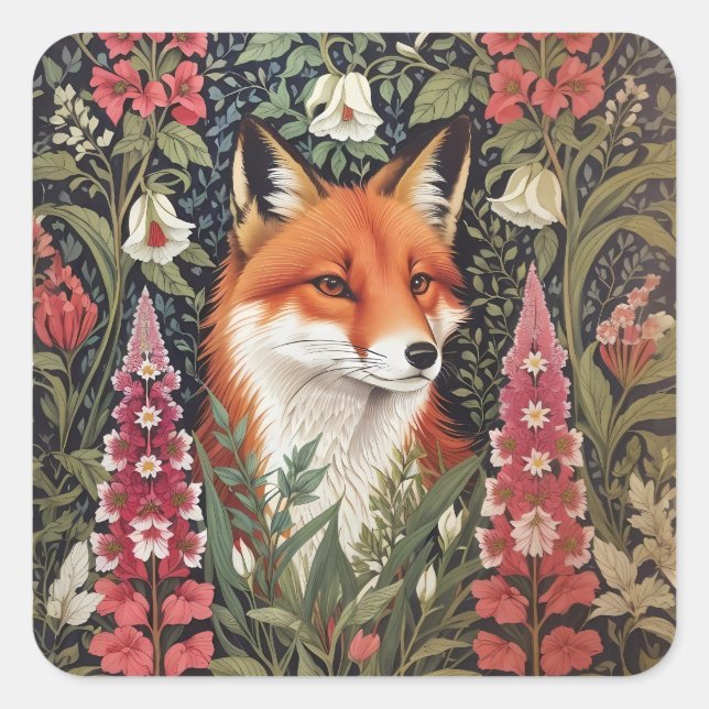 Fox und Foxglove Blume William Morris Inspiriert Quadratischer Aufkleber (Vorderseite)