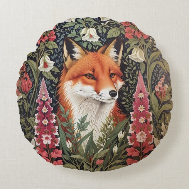 Fox und Foxglove Blume William Morris Inspiriert Rundes Kissen (Vorderseite)