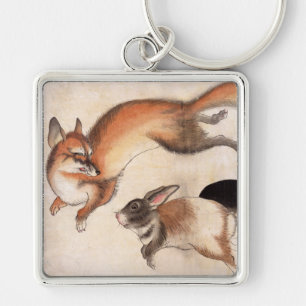 Fox und zwei Hasen, Vintage japanische Malerei Schlüsselanhänger
