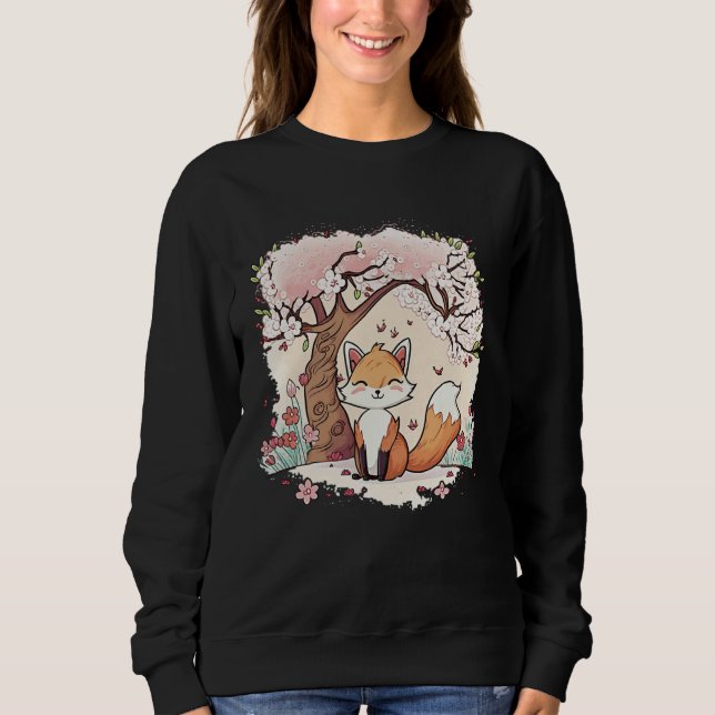Fox Vaporwave Under Cherry Blossom Japanese Aesthe Sweatshirt (Vorderseite)