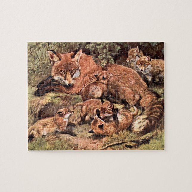 Fox Vixen mit Cubs von Austen, Vintages Wildtier (Horizontal)
