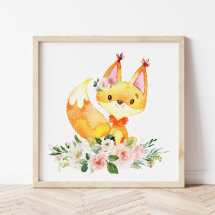 Fox, Waldtiere, Boho, rosa Blume Fotodruck