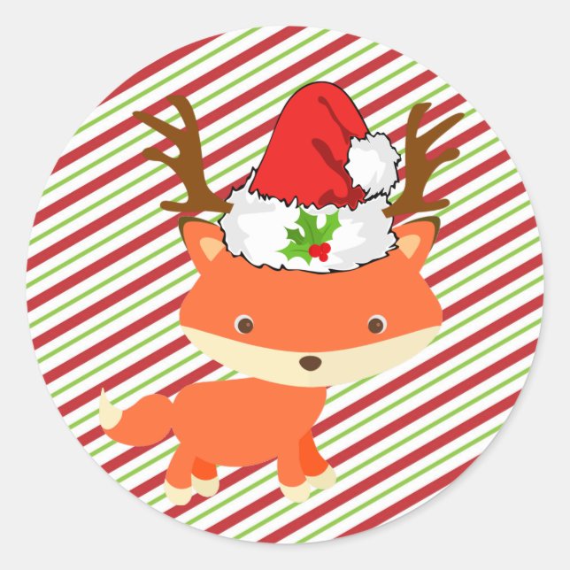 Fox Wearing Rentier Weihnachtsmannmütze Erste Weih Runder Aufkleber (Vorderseite)