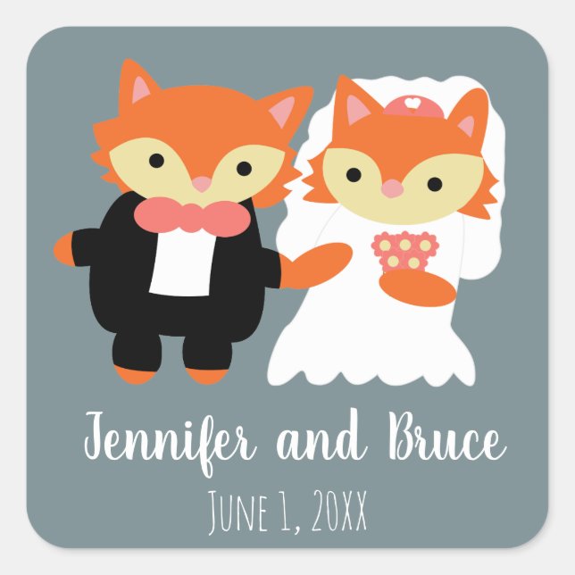 Fox Wedding Niedlich Gray personalize Quadratischer Aufkleber (Vorderseite)