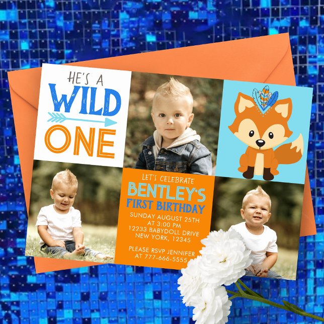 Fox Wild One 3 Foto Erster Geburtstag Einladung (Wild One Tribal Forest Fox 3 Picture Photo Invitation in Blue, Orange and Brown)