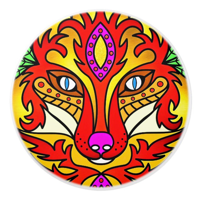 Fox wolf boho abstrakte Kunst rot lila Keramikknauf (Vorderseite)