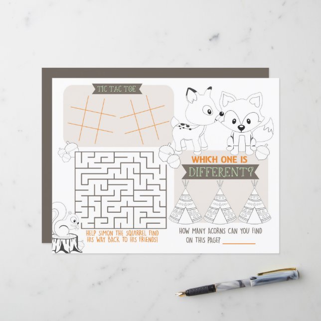 Fox Woodland Kids Tischset Activity Game Sheet (Vorderseite/Rückseite Beispiel)