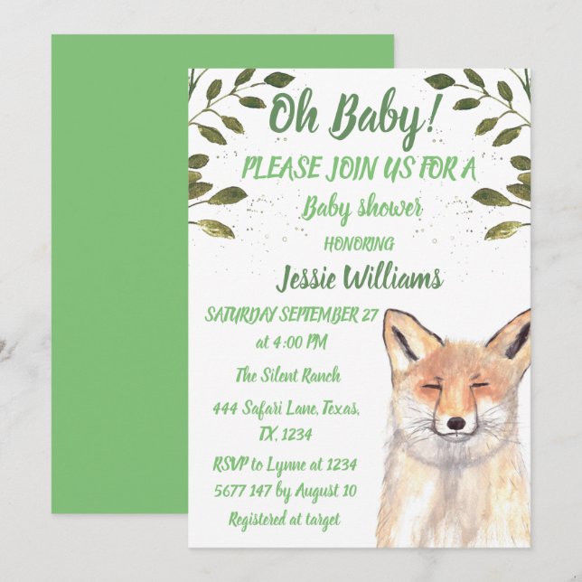 Fox Woodland Tiere Grüne Rustikale Kinderdusche Einladung (Vorne/Hinten)