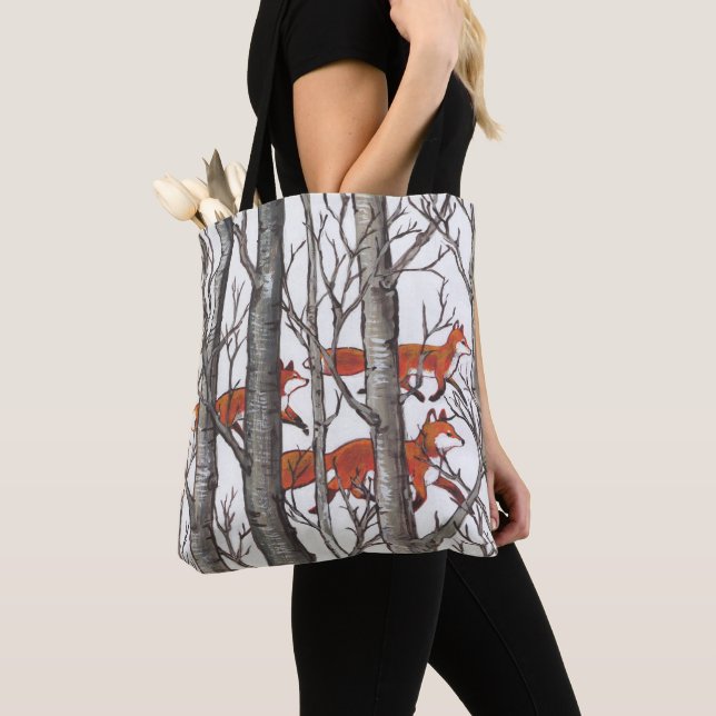 Fox Woods Wildlife Nature Trees Snow Gray Art Tasche (Von Nahem)