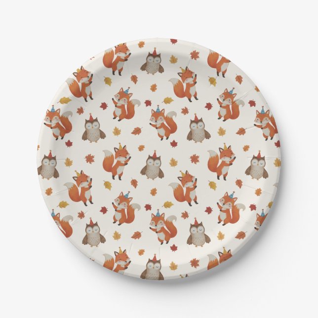 Foxes and Owl Woodland Fall Kids Birthday Party Pappteller (Vorderseite)