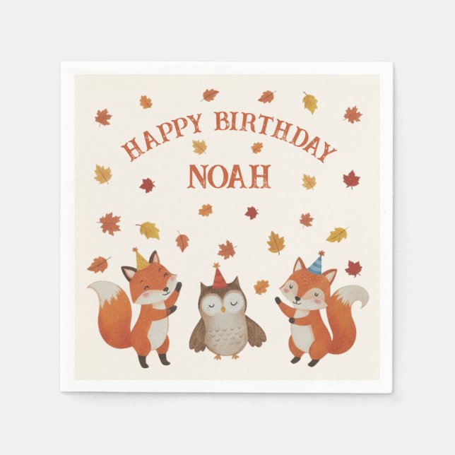 Foxes and Owl Woodland Fall Kids Birthday Party Serviette (Vorderseite)