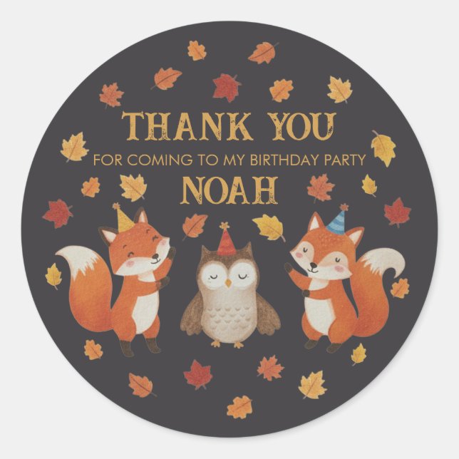 Foxes and Owl Woodland Fall Kids Birthday Sticker (Devant)