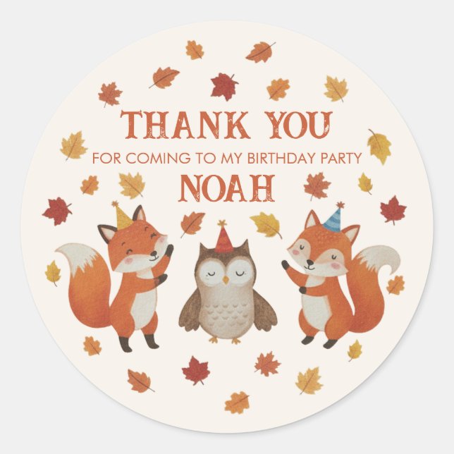 Foxes and Owl Woodland Fall Kids Birthday Sticker (Vorderseite)