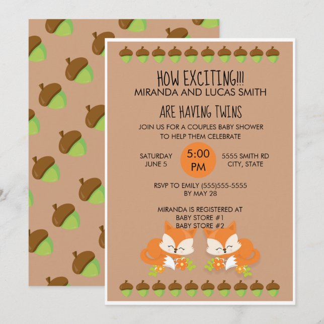 Foxes Bois Animaux Jumeaux Baby shower Invitation (Devant / Derrière)