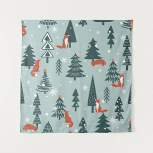 Foxes, fir-trees, snow, hand drawn. Colorful seaml Wandteppich