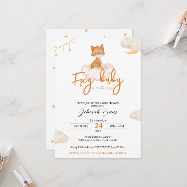 Foxy Baby Dusche Einladung (Vorderseite/Rückseite Beispiel)