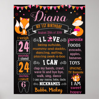 Foxy Fox Erstes Geburtstagsfeier-Chalkboard Poster