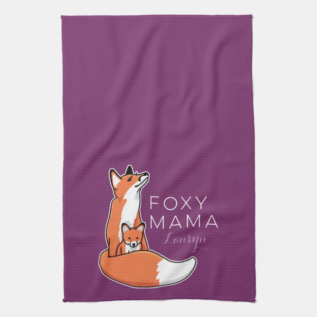 Foxy Mama Red Fox mit Pup, Personalisiert Geschirrtuch (Vertikal)