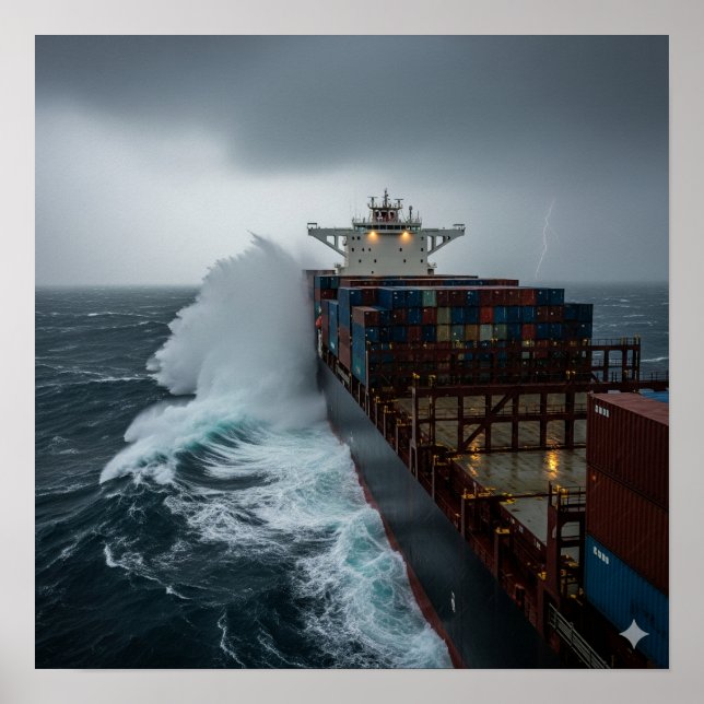 Frachtschiff in schweren Seen Poster (Vorne)