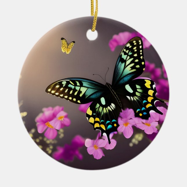 Frack Schmetterling und rosa Blume Keramik Ornament (Vorne)