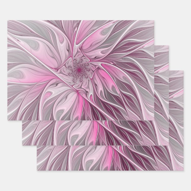 Fractal Pink Flower Dream, floral Fantasy Pattern Geschenkpapier Set (Set)
