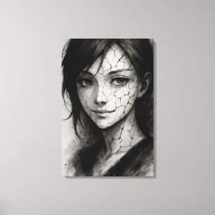Fractured Smile - Cracked Porcelain Ink Portrait Leinwanddruck