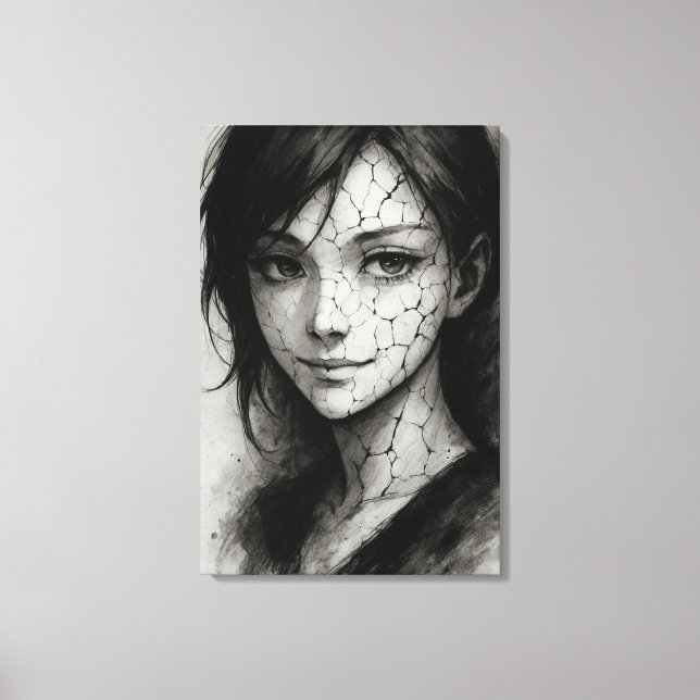 Fractured Smile - Cracked Porcelain Ink Portrait Leinwanddruck (Vorderseite)
