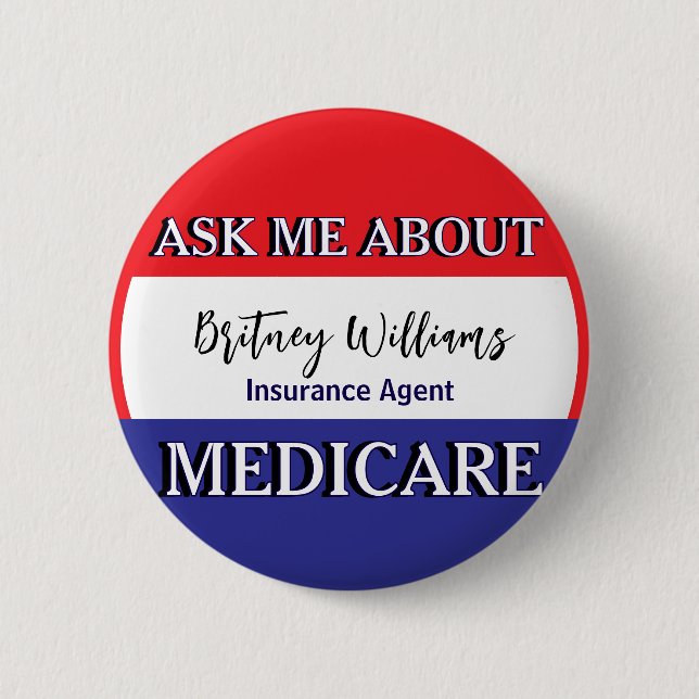 Fragen Sie mich über Medicare Rot Weiß Blau Button (Vorderseite)
