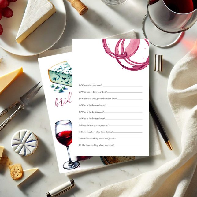 Fragen zum Thema Wein Brautparty Spiel Flyer (Bridal shower trivia wine and cheese tasting party theme by Victoria Grigaliunas Do Tell A Belle)